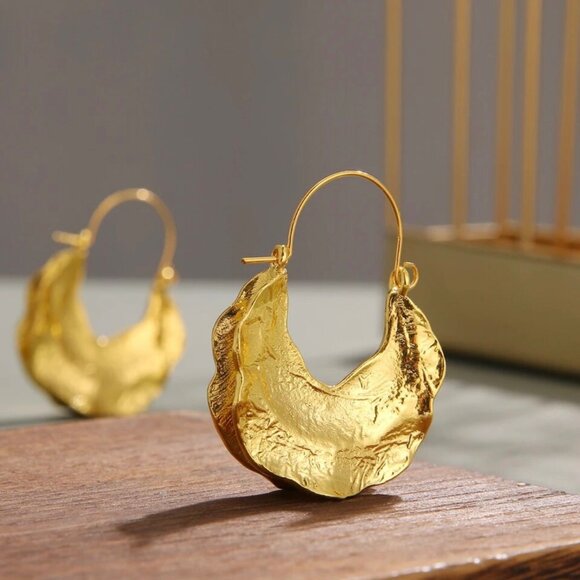 New African Fulani Basket Hoop Earrings 14K Gold Plated Textured Metal Boho - Picture 12 of 12